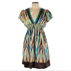 🌺 Poetry Satin Abstract Chevron Teal Brown Plunge Mini Dress Size L